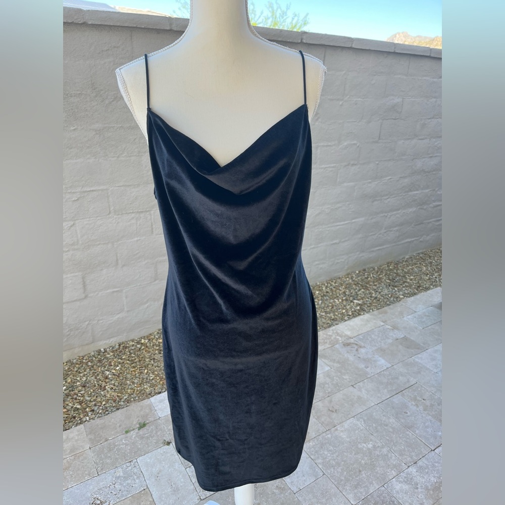 Goth 90s y2k vintage cowl neck sheath midi dress black velvet spaghetti - Picture 2 of 5